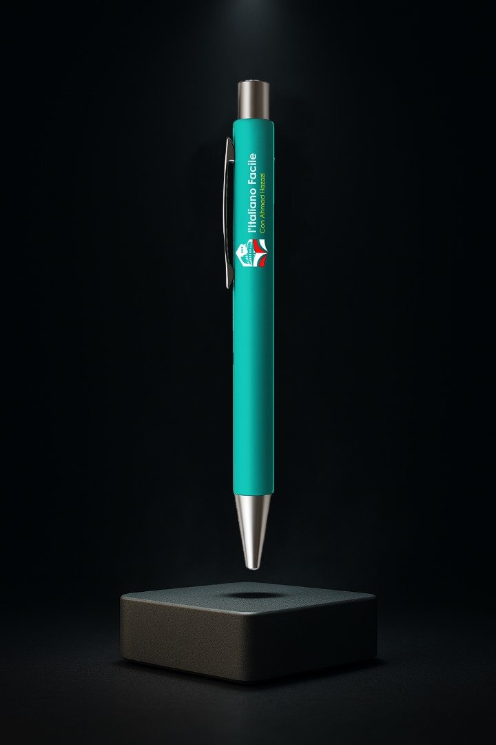 Bicchiere, quaderno e penna di colore verde  كأس، ودفتر تدوين الملاحظات، وقلم كلها باللون الأخضر.